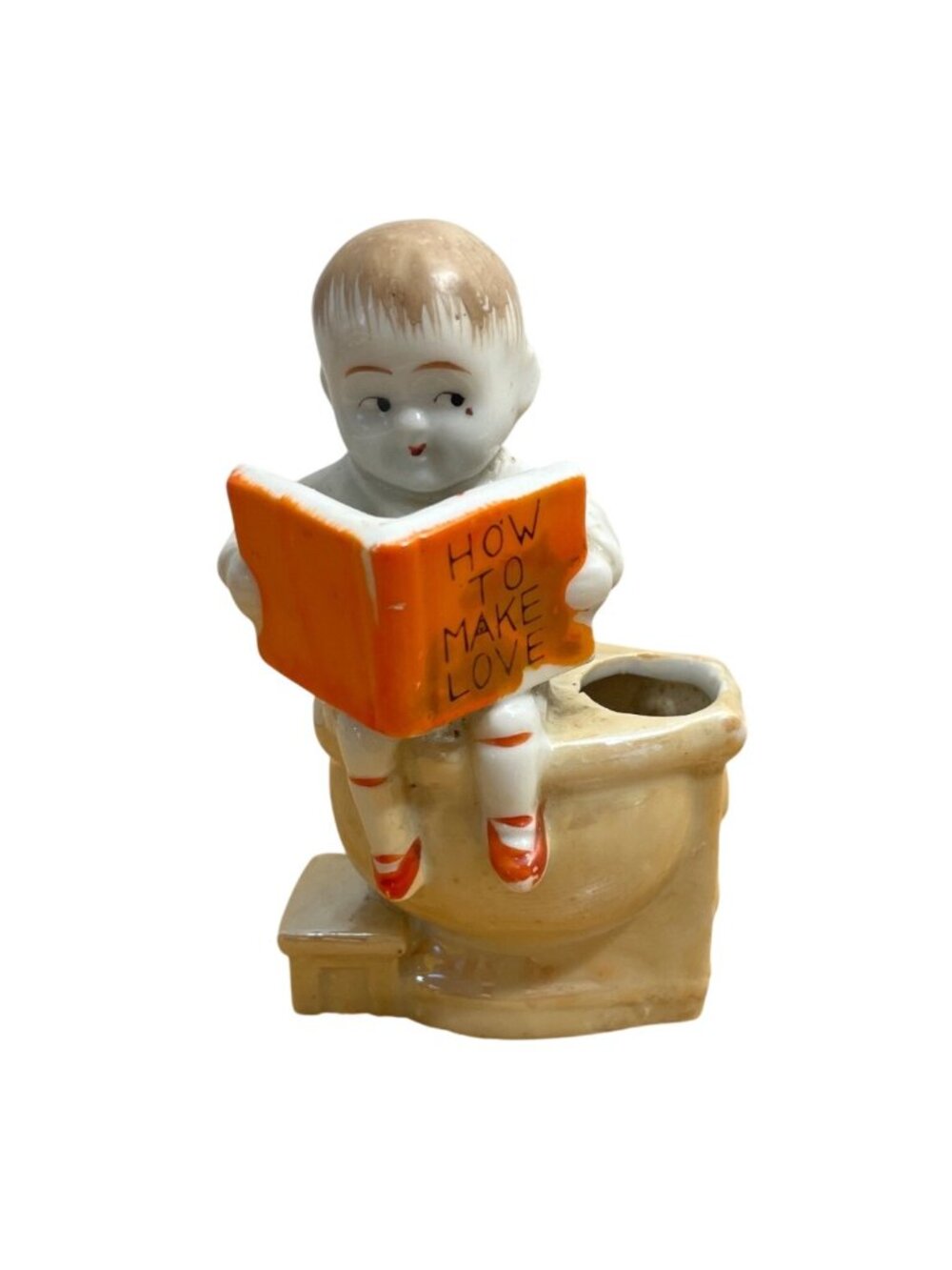 Vtg How to Make Love Matchholder Boy on Toilet Reading Lusterware Risqué Decor